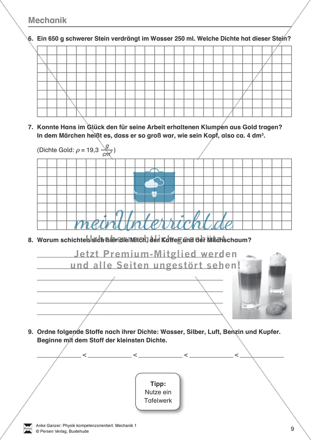 Mechanik: Volumen, Masse und Dichte eines Körpers, Archimedisches Prinzip. Mit Infotext, Aufgaben und Lösungen. Preview 6
