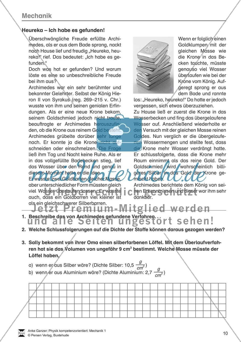 Mechanik: Volumen, Masse und Dichte eines Körpers, Archimedisches Prinzip. Mit Infotext, Aufgaben und Lösungen. Preview 7