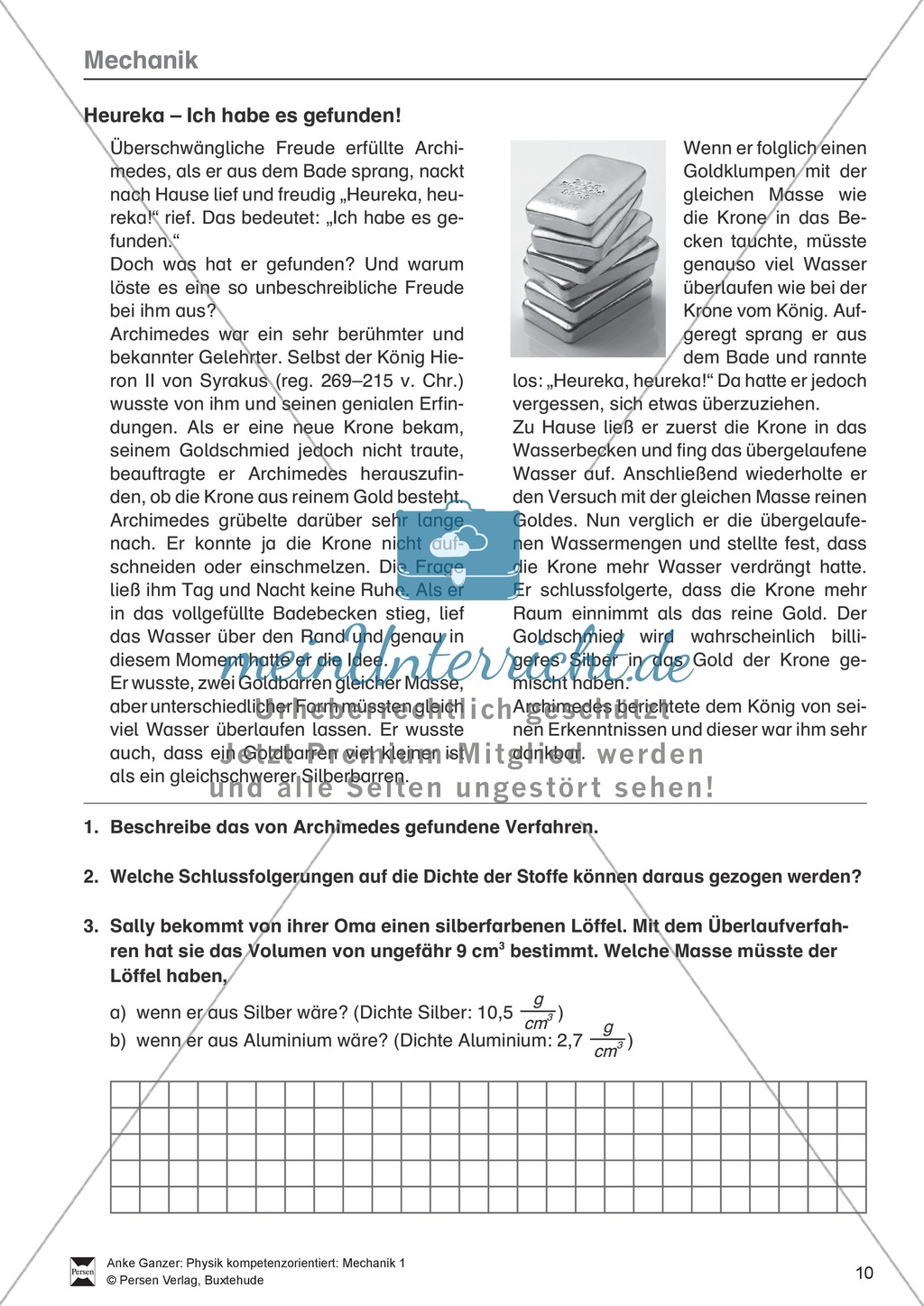 Mechanik: Volumen, Masse und Dichte eines Körpers, Archimedisches Prinzip. Mit Infotext, Aufgaben und Lösungen. Preview 7
