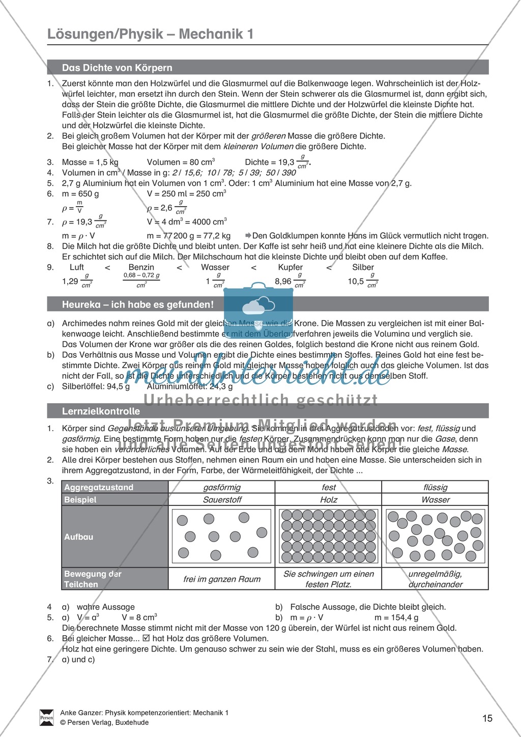 Mechanik: Volumen, Masse und Dichte eines Körpers, Archimedisches Prinzip. Mit Infotext, Aufgaben und Lösungen. Preview 9