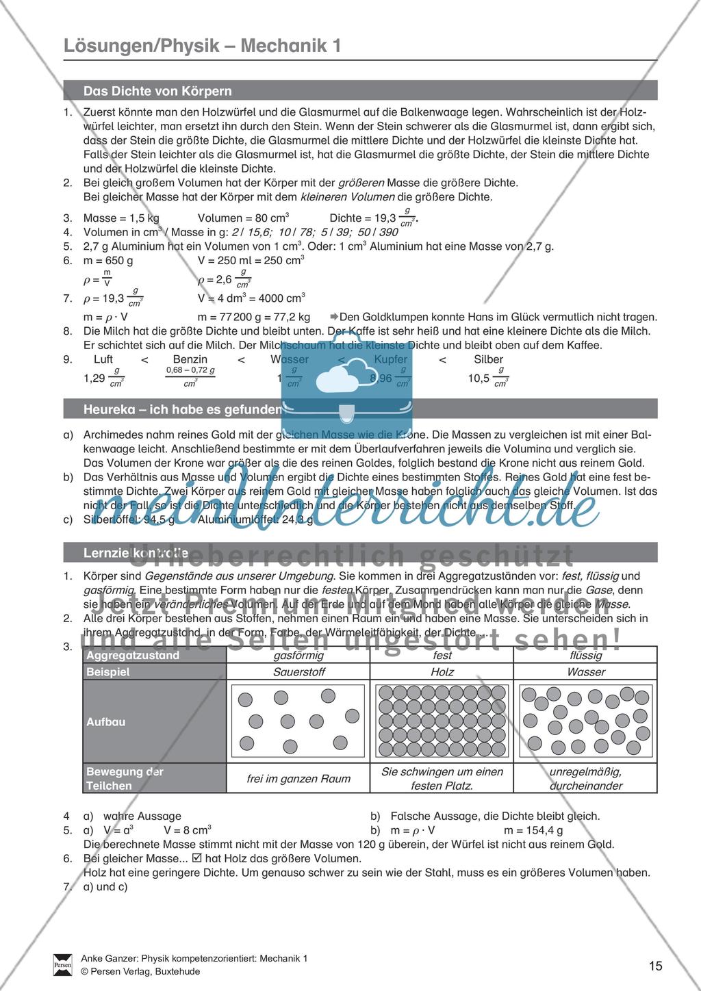 Mechanik: Volumen, Masse und Dichte eines Körpers, Archimedisches Prinzip. Mit Infotext, Aufgaben und Lösungen. Preview 9