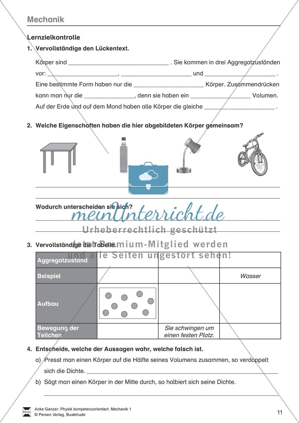Mechanik: Test / Lernzielkontrolle über Eigenschaften von Körpern, Brownsche Bewegung, Dichte, Masse und Volumen von Körpern mit Lösungen Preview 1