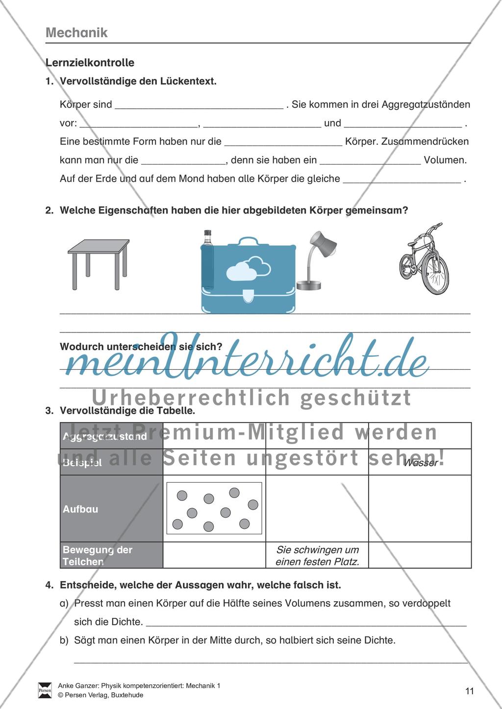 Mechanik: Test / Lernzielkontrolle über Eigenschaften von Körpern, Brownsche Bewegung, Dichte, Masse und Volumen von Körpern mit Lösungen Preview 1
