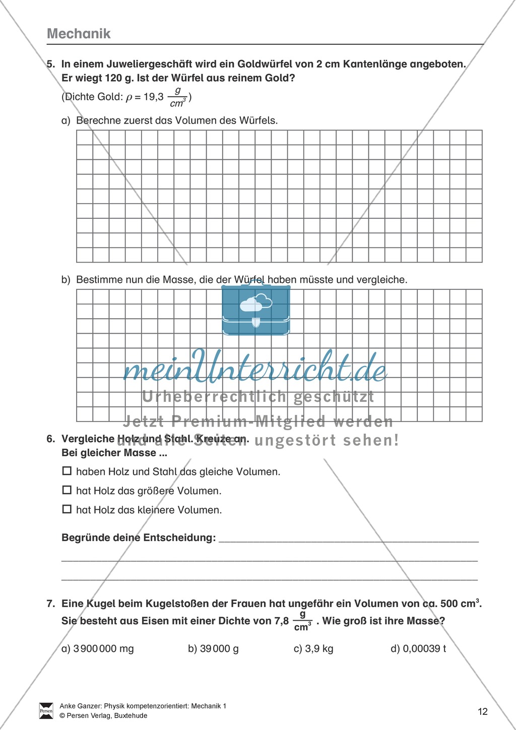 Mechanik: Test / Lernzielkontrolle über Eigenschaften von Körpern, Brownsche Bewegung, Dichte, Masse und Volumen von Körpern mit Lösungen Preview 2