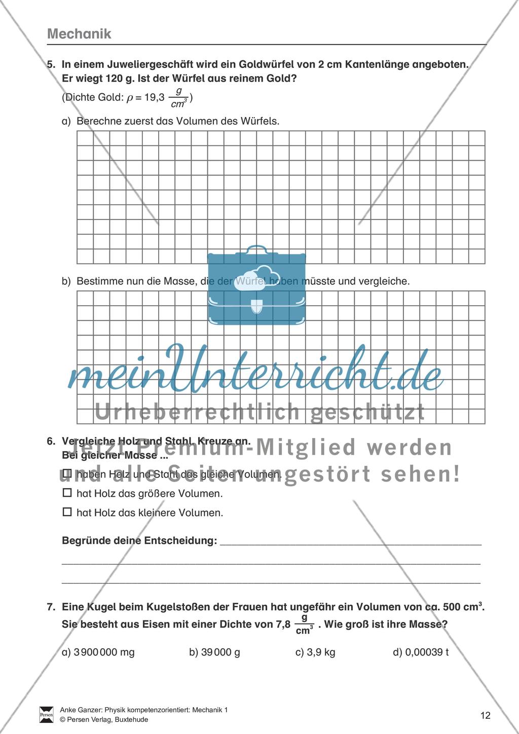 Mechanik: Test / Lernzielkontrolle über Eigenschaften von Körpern, Brownsche Bewegung, Dichte, Masse und Volumen von Körpern mit Lösungen Preview 2