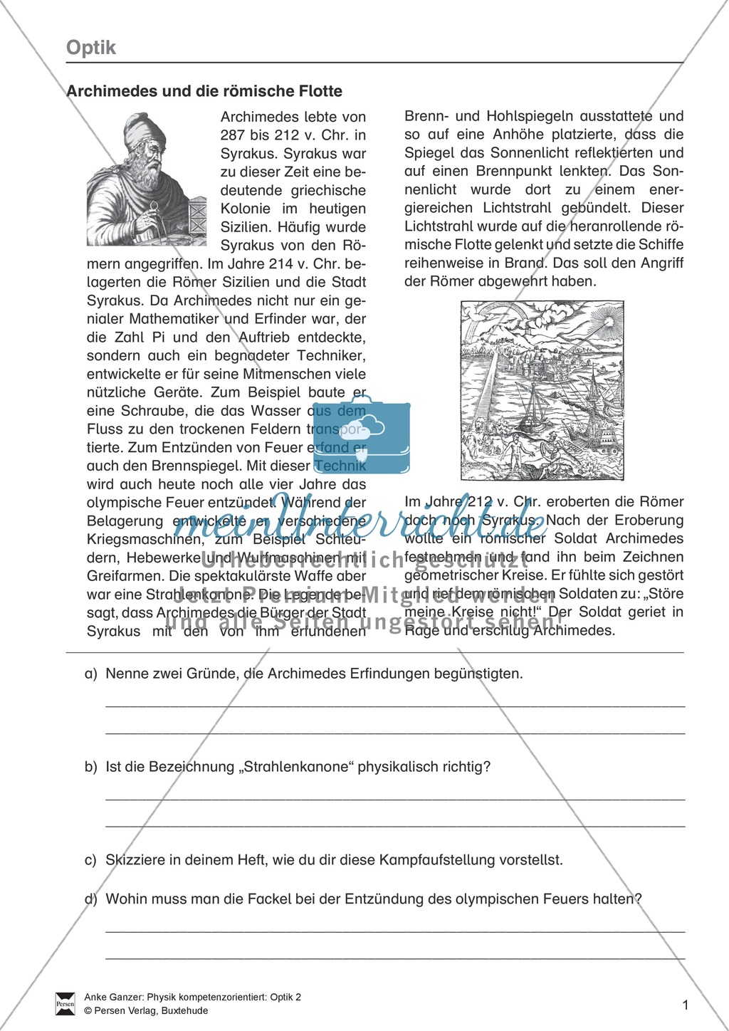 Optik - Aufgaben zur Lichtbrechung + Infotext Archimedes Preview 1