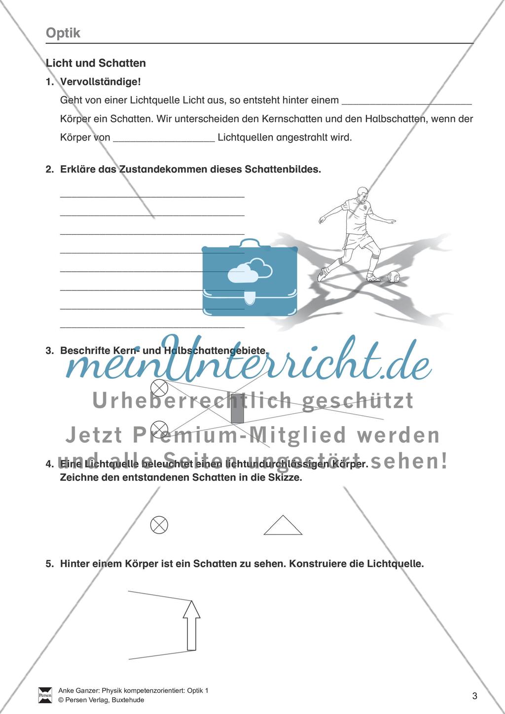Optik: Zusammenhang zwischen Licht und Schatten, Sonnen- und Mondfinsternis, Mondphasen. Mit Aufgaben und Lösungen. Preview 1