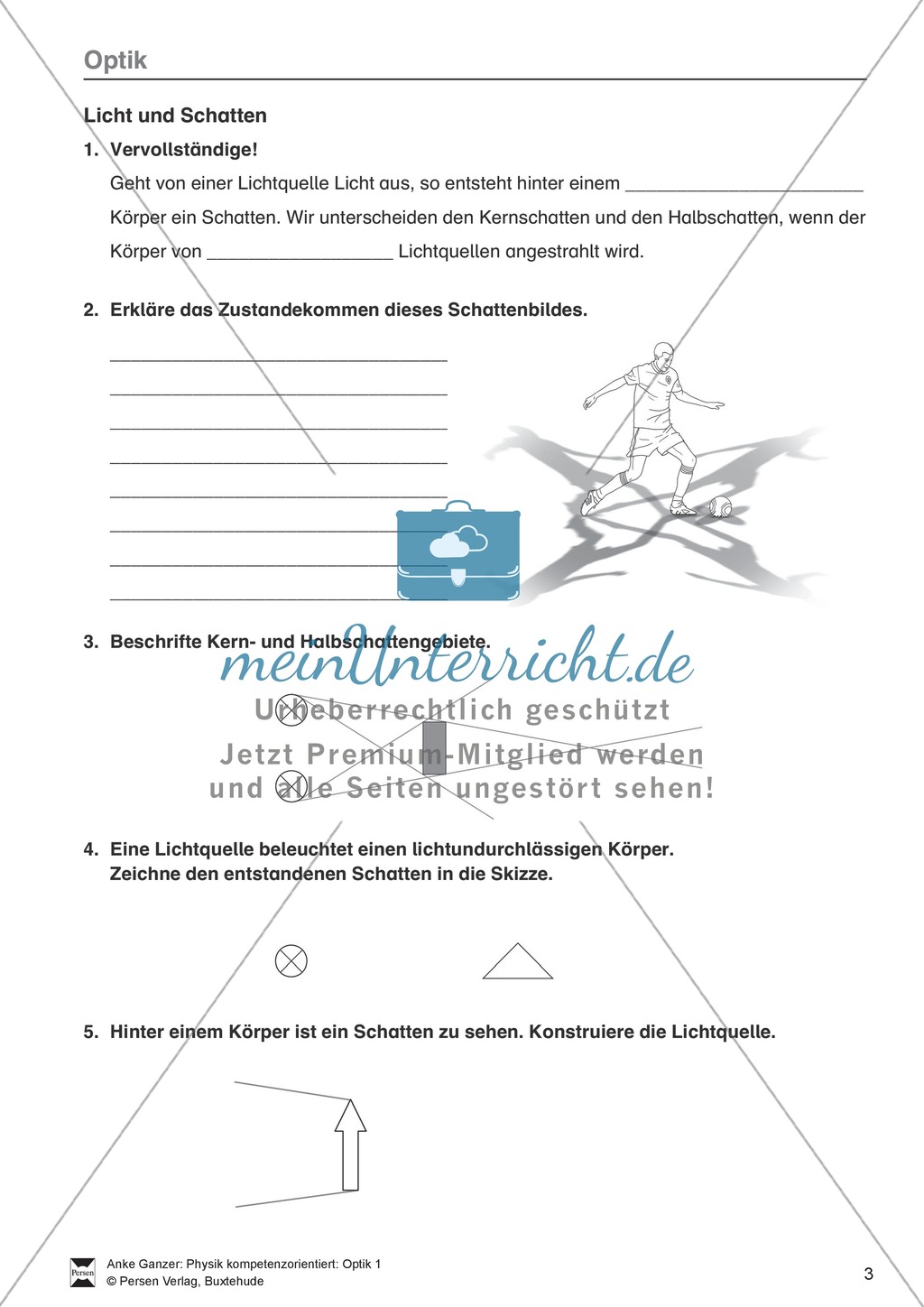 Optik: Zusammenhang zwischen Licht und Schatten, Sonnen- und Mondfinsternis, Mondphasen. Mit Aufgaben und Lösungen. Preview 1