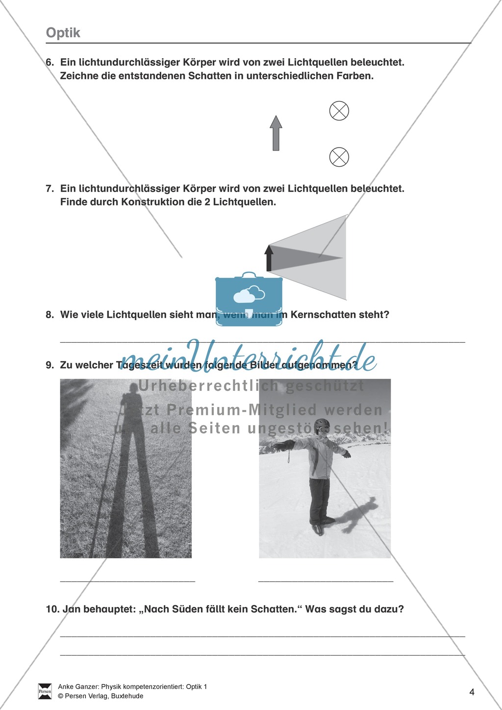 Optik: Zusammenhang zwischen Licht und Schatten, Sonnen- und Mondfinsternis, Mondphasen. Mit Aufgaben und Lösungen. Preview 2