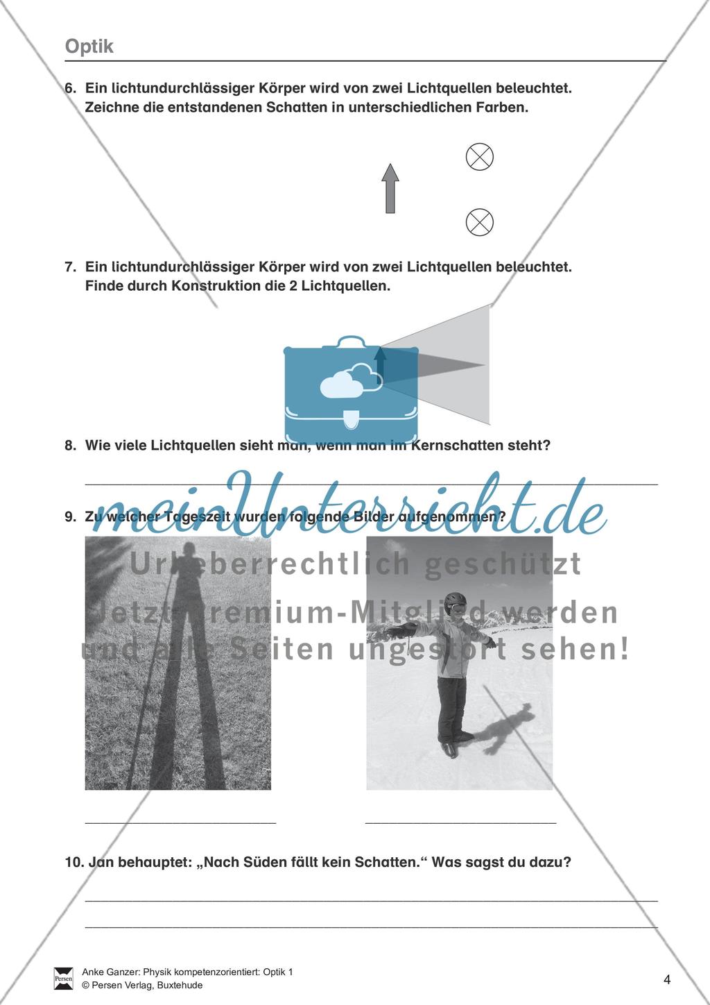 Optik: Zusammenhang zwischen Licht und Schatten, Sonnen- und Mondfinsternis, Mondphasen. Mit Aufgaben und Lösungen. Preview 2