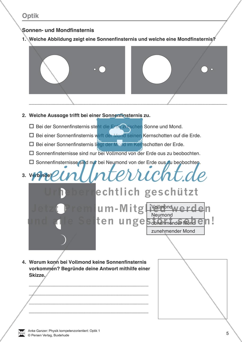 Optik: Zusammenhang zwischen Licht und Schatten, Sonnen- und Mondfinsternis, Mondphasen. Mit Aufgaben und Lösungen. Preview 3