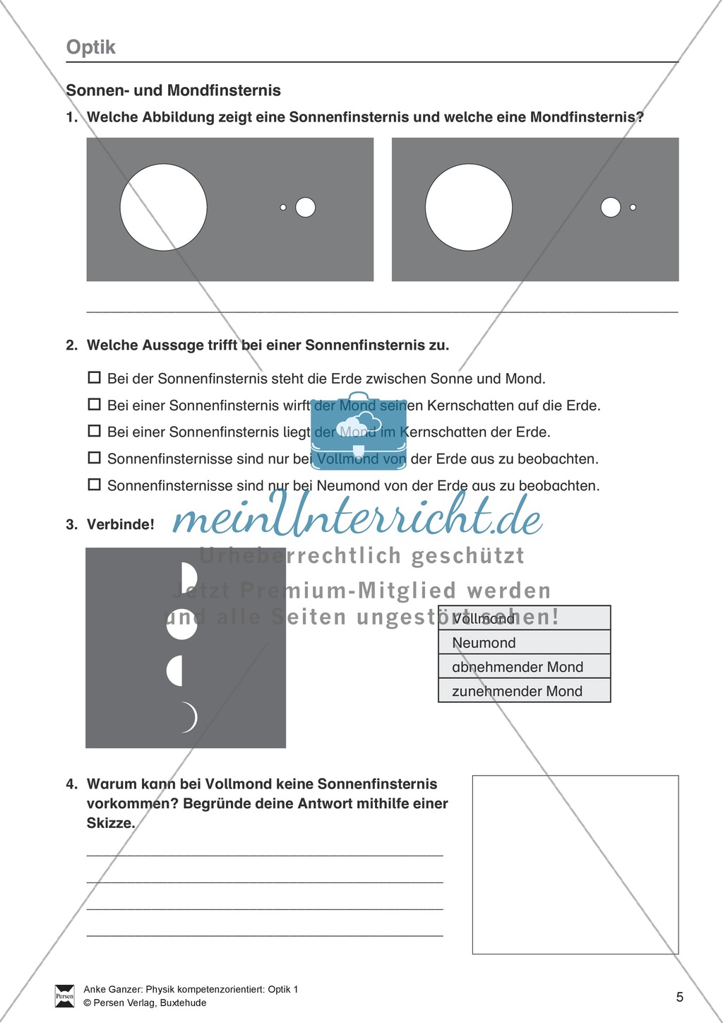 Optik: Zusammenhang zwischen Licht und Schatten, Sonnen- und Mondfinsternis, Mondphasen. Mit Aufgaben und Lösungen. Preview 3
