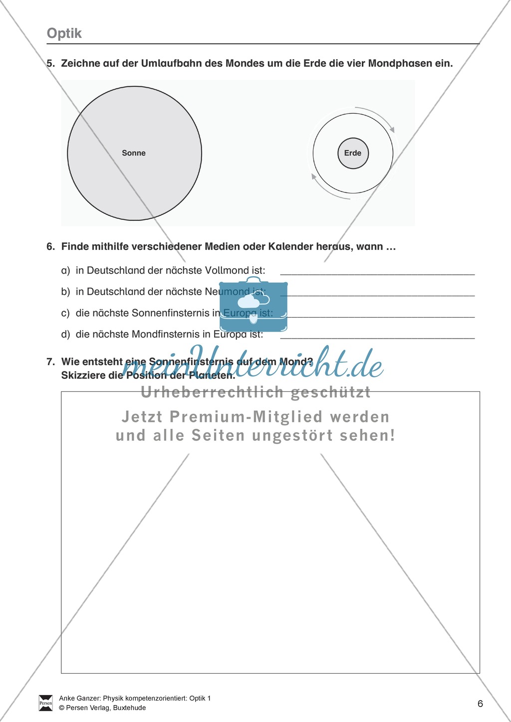 Optik: Zusammenhang zwischen Licht und Schatten, Sonnen- und Mondfinsternis, Mondphasen. Mit Aufgaben und Lösungen. Preview 4