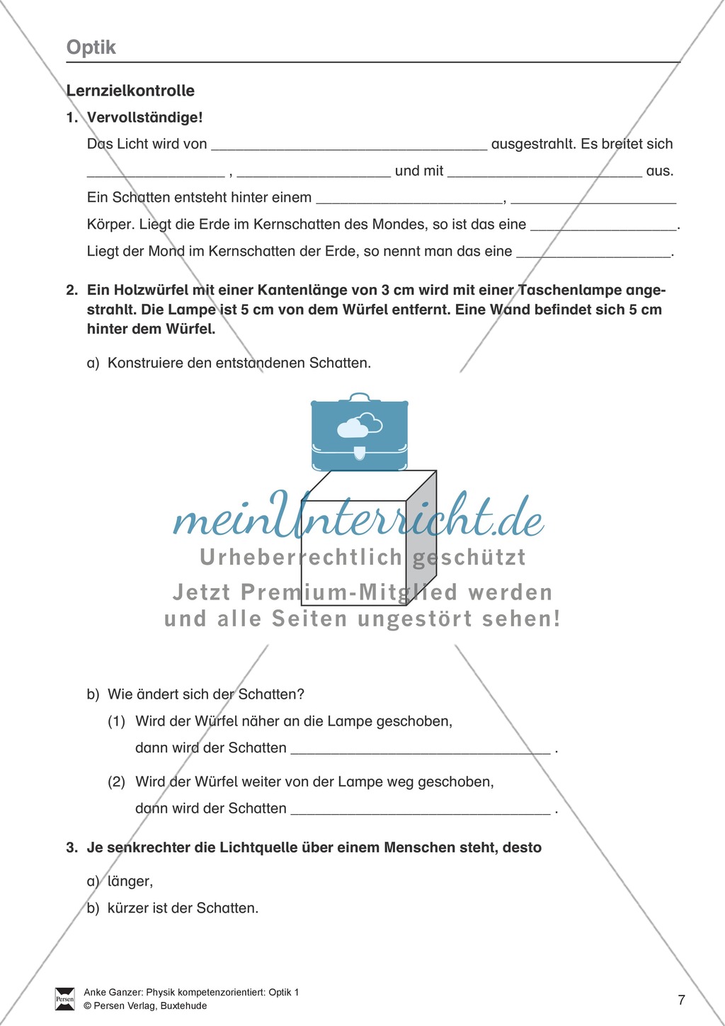 Optik: Test / Lernzielkontrolle über Licht und Schatten mit Lösungen. Preview 1