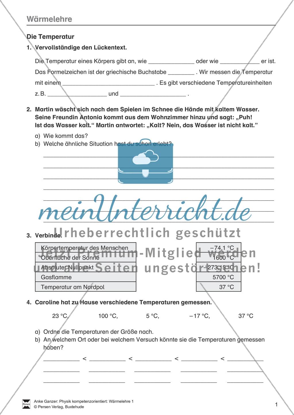 Wärmelehre: Temperatur, Temperaturmessung und verschiedene Temperaturskalen + Historisches- Aufgaben + Lernzielkontrolle + Lösungen Preview 1