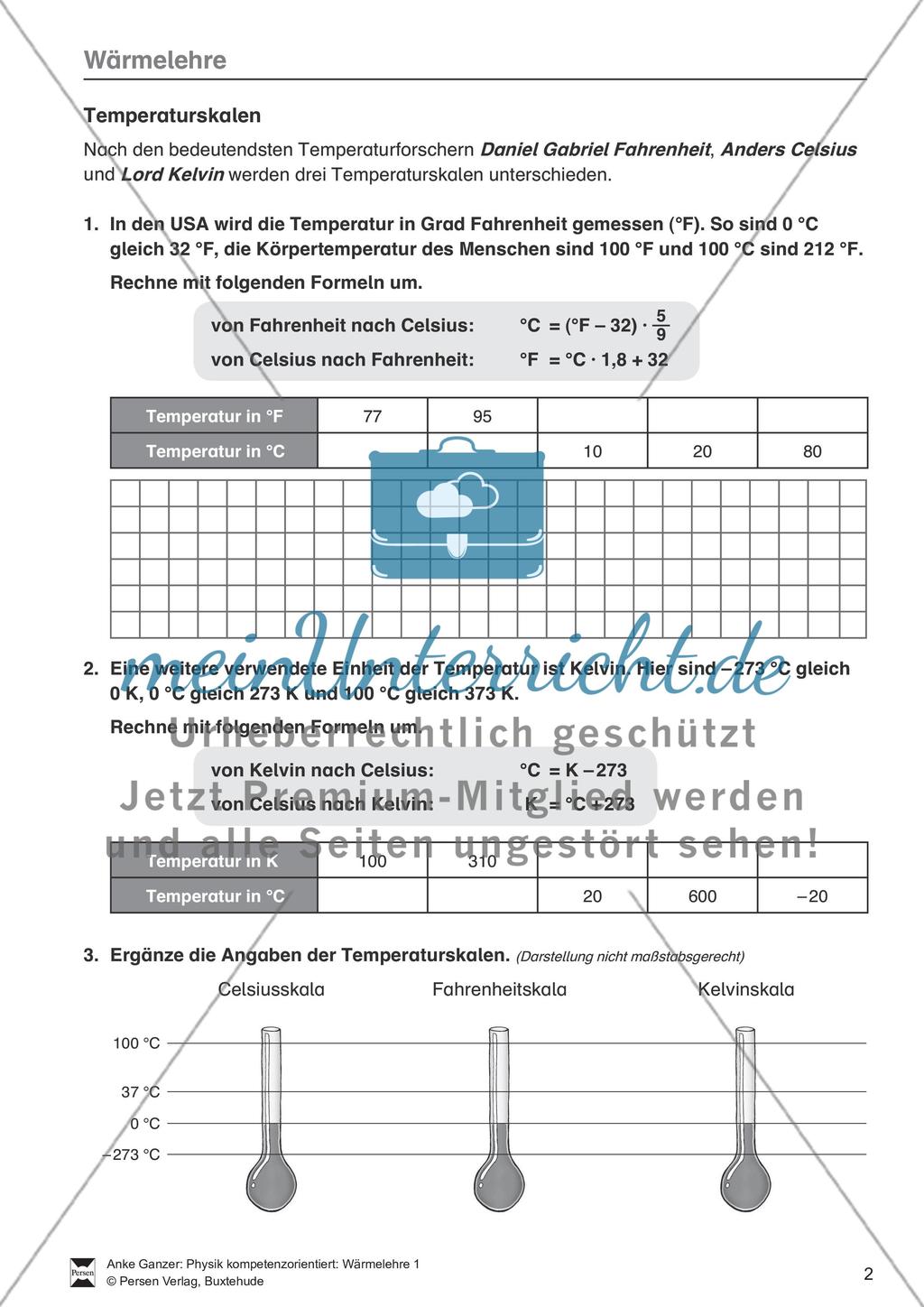 Wärmelehre: Temperatur, Temperaturmessung und verschiedene Temperaturskalen + Historisches- Aufgaben + Lernzielkontrolle + Lösungen Preview 2