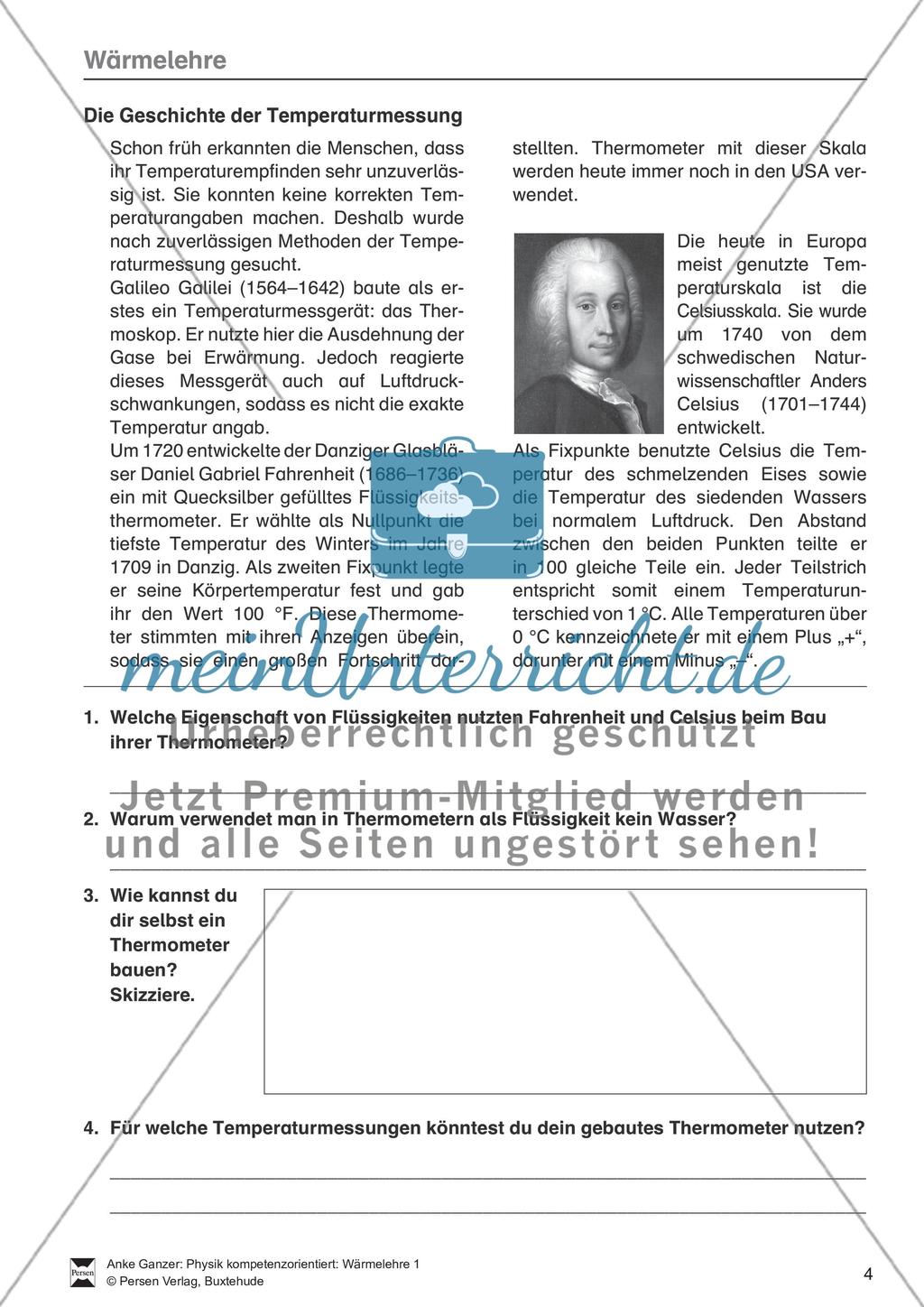 Wärmelehre: Temperatur, Temperaturmessung und verschiedene Temperaturskalen + Historisches- Aufgaben + Lernzielkontrolle + Lösungen Preview 4