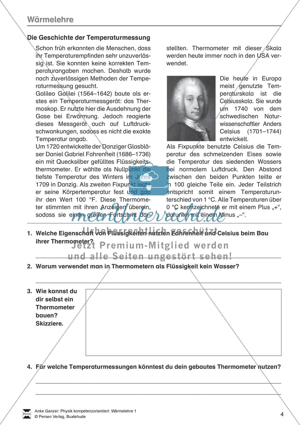 Wärmelehre: Temperatur, Temperaturmessung und verschiedene Temperaturskalen + Historisches- Aufgaben + Lernzielkontrolle + Lösungen Preview 4