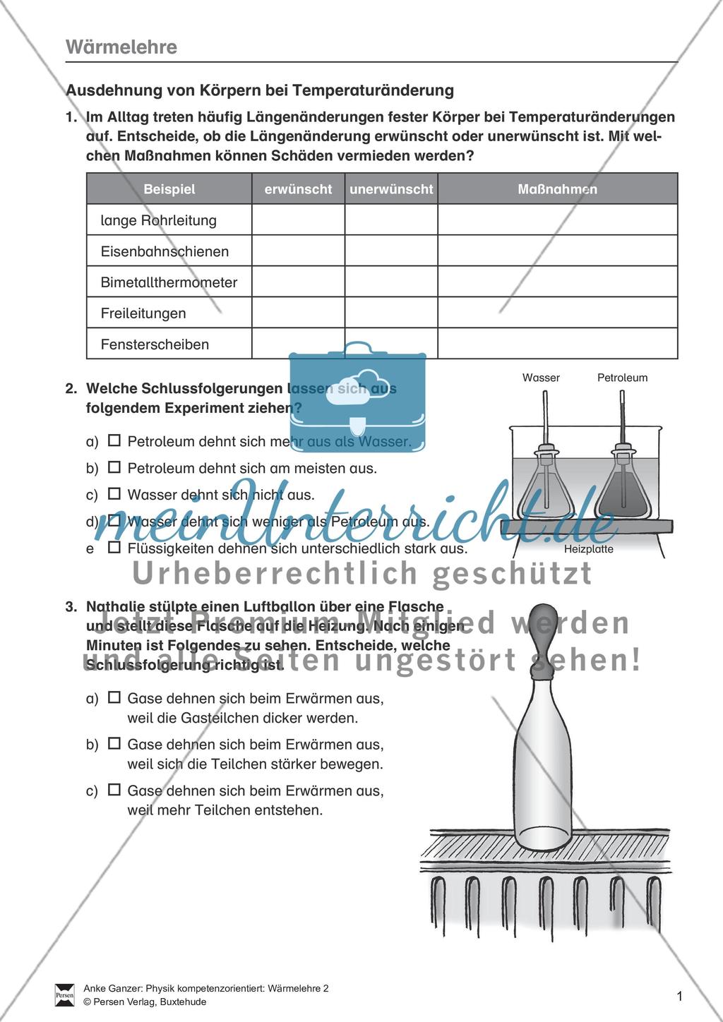 Wärmelehre: Ausdehnung bei Temperaturänderung in Natur und Umwelt, Teilchenmodell und Anomalie des Wassers. Mit Aufgaben und Lösungen. Preview 1