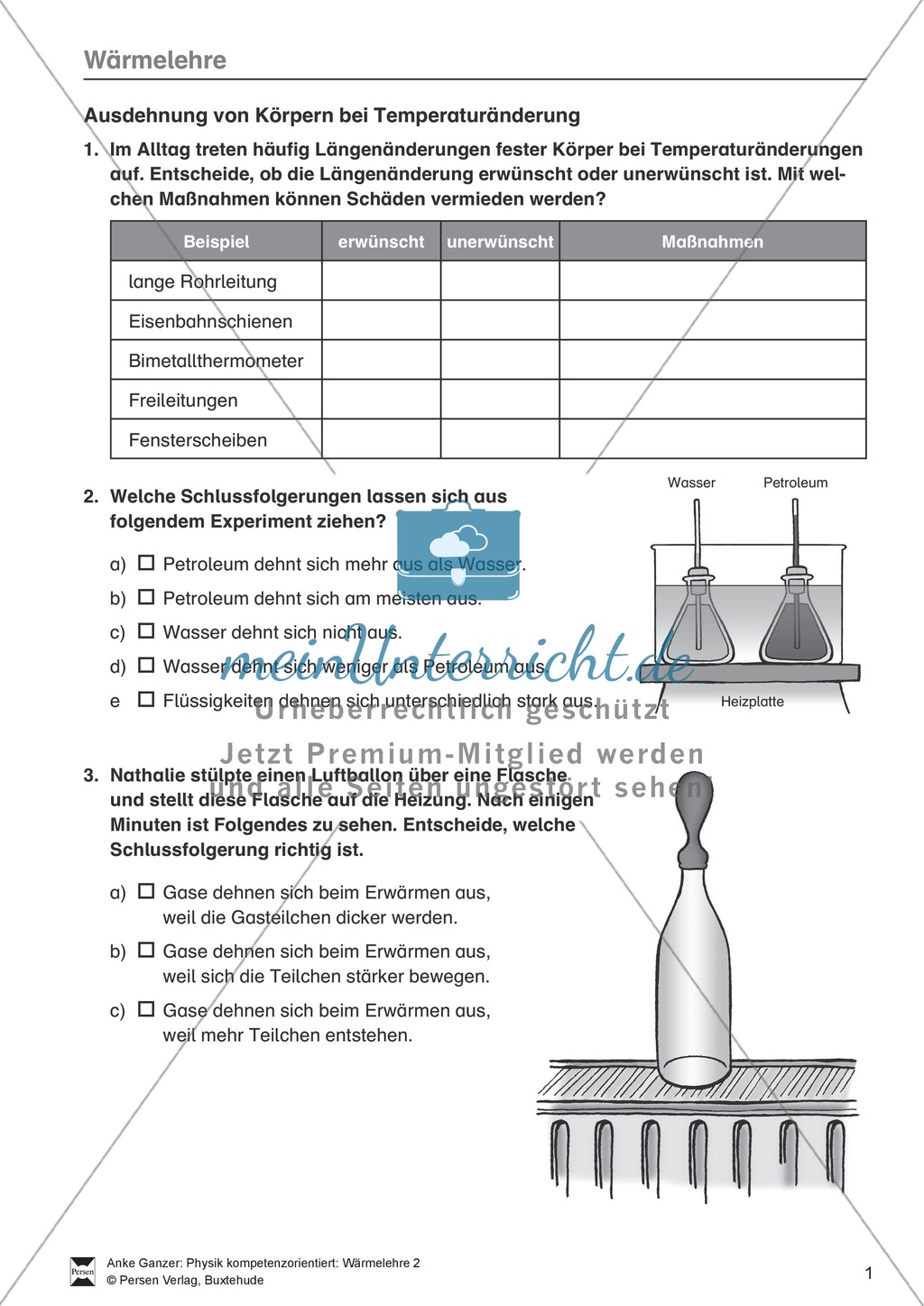 Wärmelehre: Ausdehnung bei Temperaturänderung in Natur und Umwelt, Teilchenmodell und Anomalie des Wassers. Mit Aufgaben und Lösungen. Preview 1