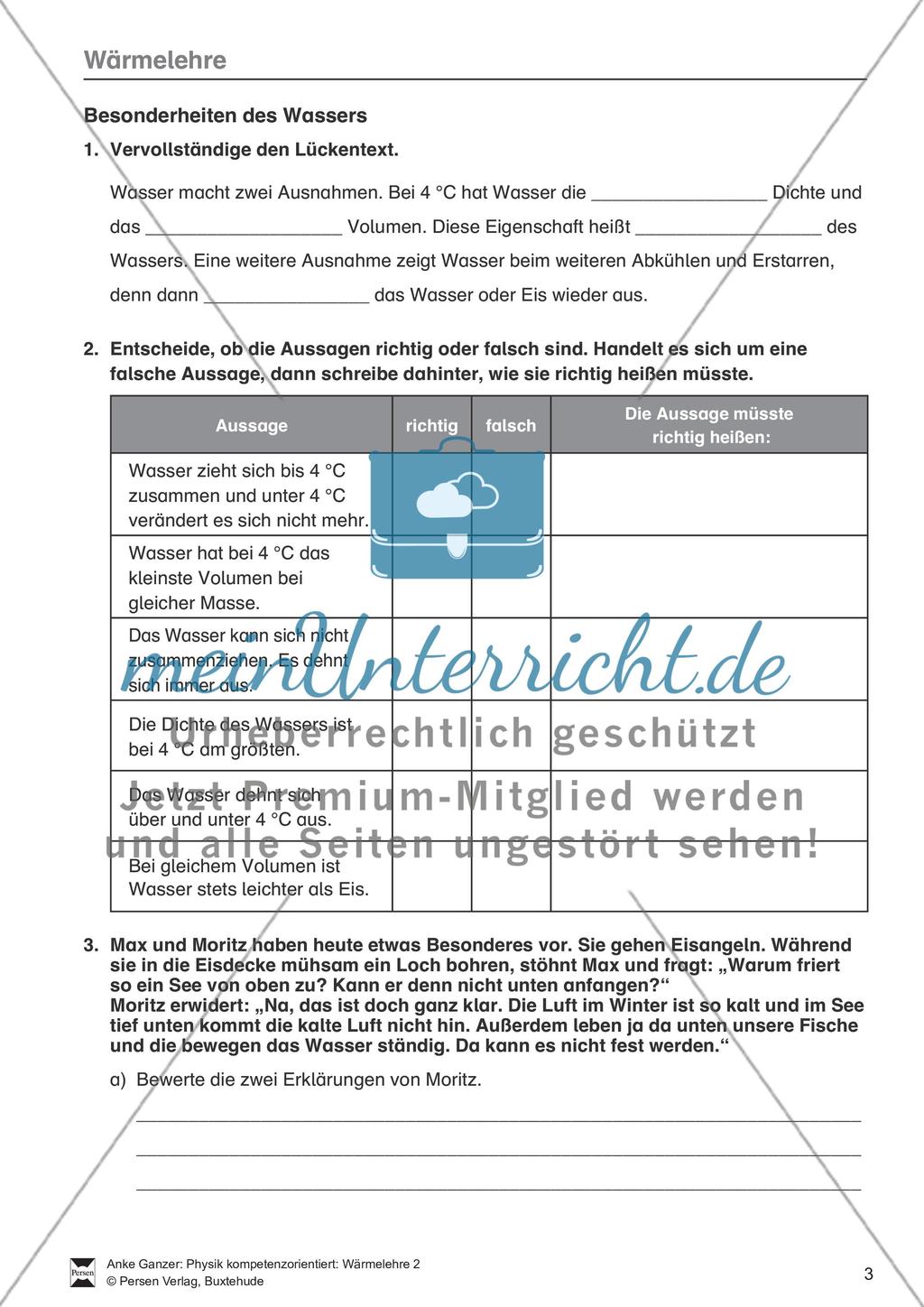 Wärmelehre: Ausdehnung bei Temperaturänderung in Natur und Umwelt, Teilchenmodell und Anomalie des Wassers. Mit Aufgaben und Lösungen. Preview 3
