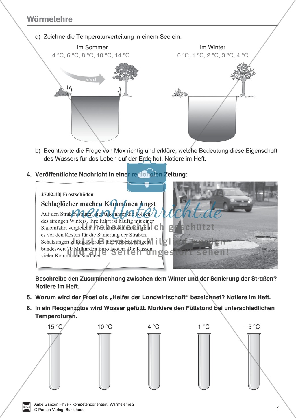 Wärmelehre: Ausdehnung bei Temperaturänderung in Natur und Umwelt, Teilchenmodell und Anomalie des Wassers. Mit Aufgaben und Lösungen. Preview 4