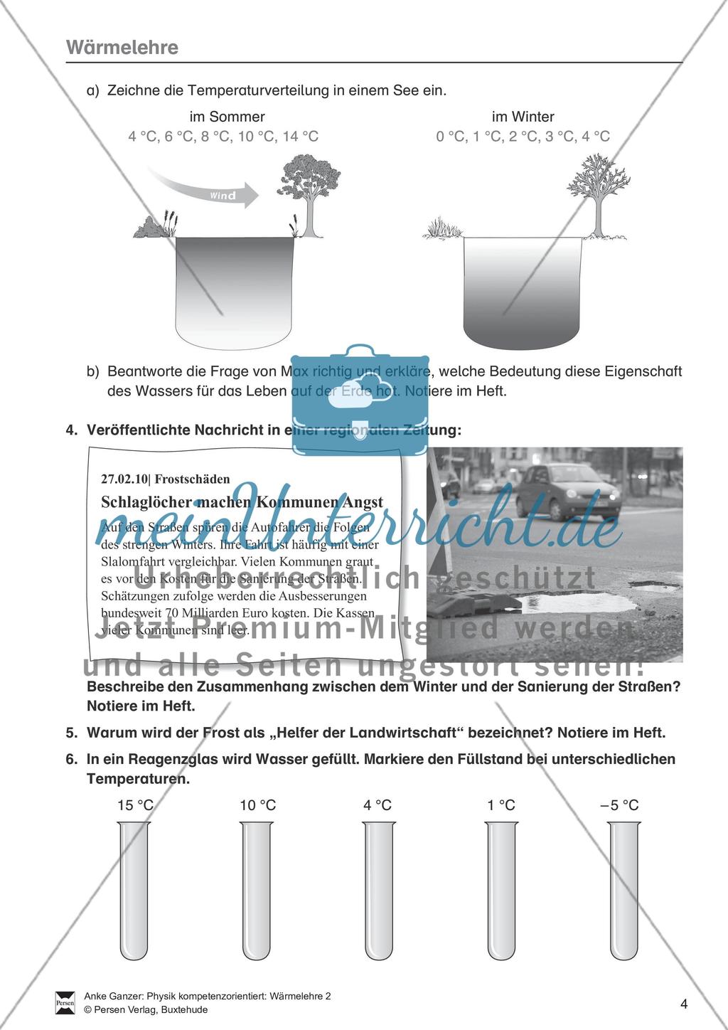 Wärmelehre: Ausdehnung bei Temperaturänderung in Natur und Umwelt, Teilchenmodell und Anomalie des Wassers. Mit Aufgaben und Lösungen. Preview 4
