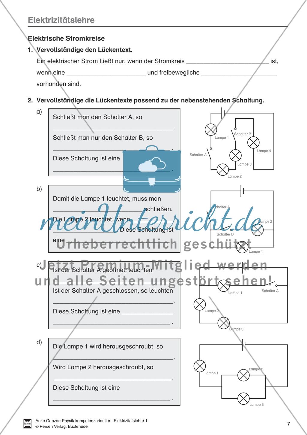 Elektrizitätslehre: Grundlagen des elektrischen Stroms, Stromkreise, elektrischer Strom in Natur und Umwelt. Mit Aufgaben und Lösungen. Preview 4