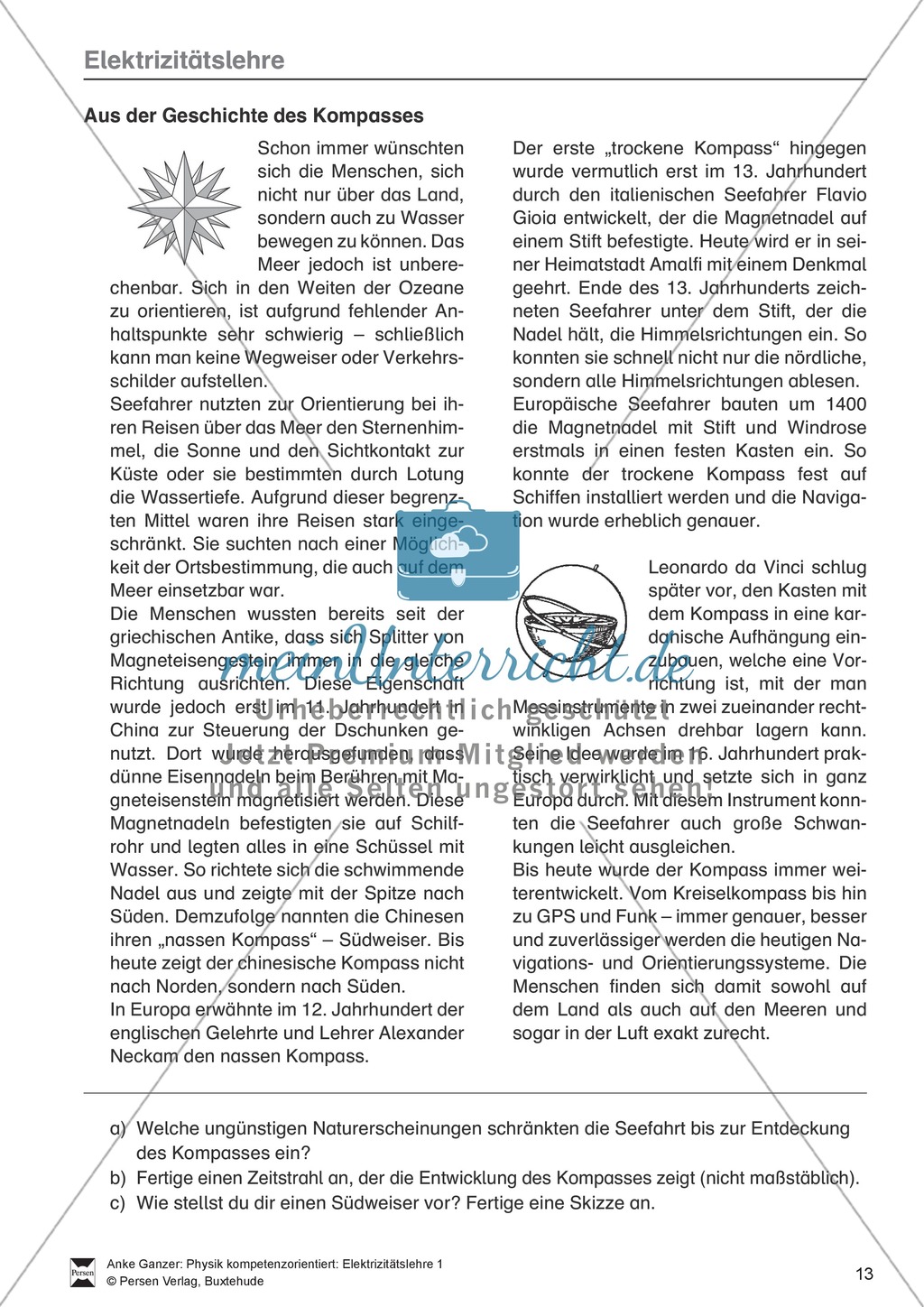 Elektrizitätslehre / Magnetismus: Magnetkräfte, Magnetfelder und die Geschichte des Kompasses. Mit Infotext, Aufgaben und Lösungen. Preview 3