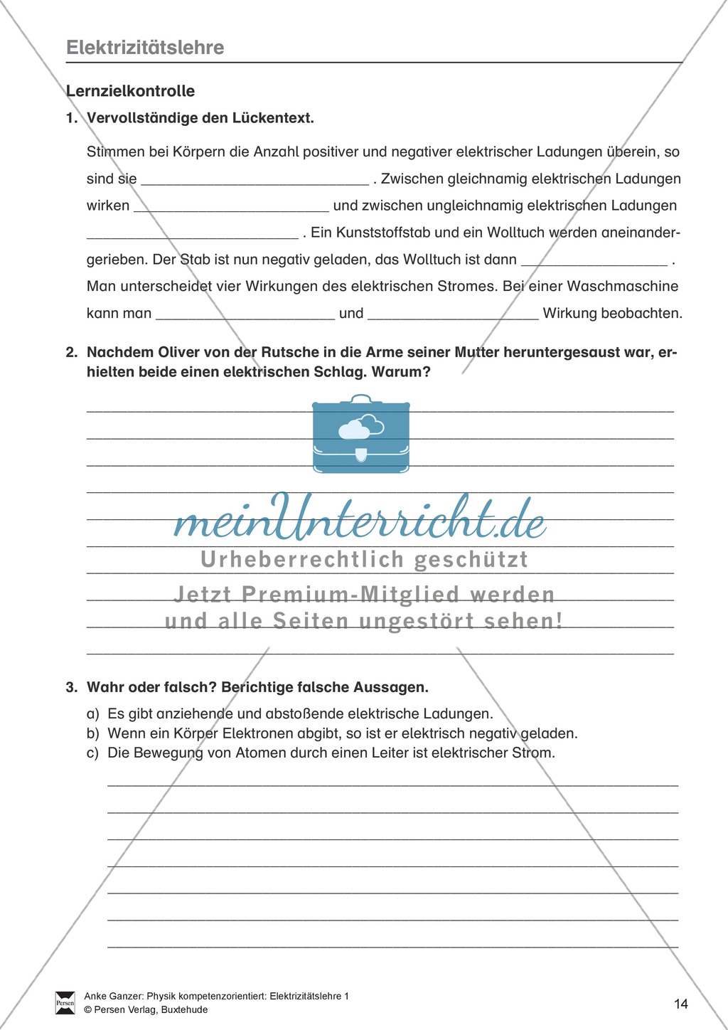 Elektrizitätslehre / Magnetismus: Test / Lernzielkontrolle zu Elektrostatik, elektrischen Storm und Stromkreisen und Magnetkräften und - feldern mit Lösungen. Preview 1