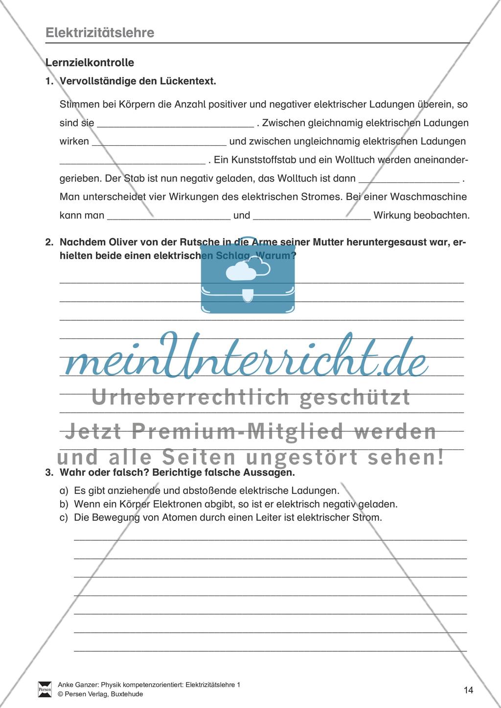 Elektrizitätslehre / Magnetismus: Test / Lernzielkontrolle zu Elektrostatik, elektrischen Storm und Stromkreisen und Magnetkräften und - feldern mit Lösungen. Preview 1