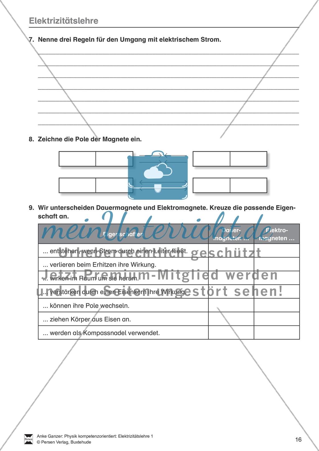 Elektrizitätslehre / Magnetismus: Test / Lernzielkontrolle zu Elektrostatik, elektrischen Storm und Stromkreisen und Magnetkräften und - feldern mit Lösungen. Preview 3