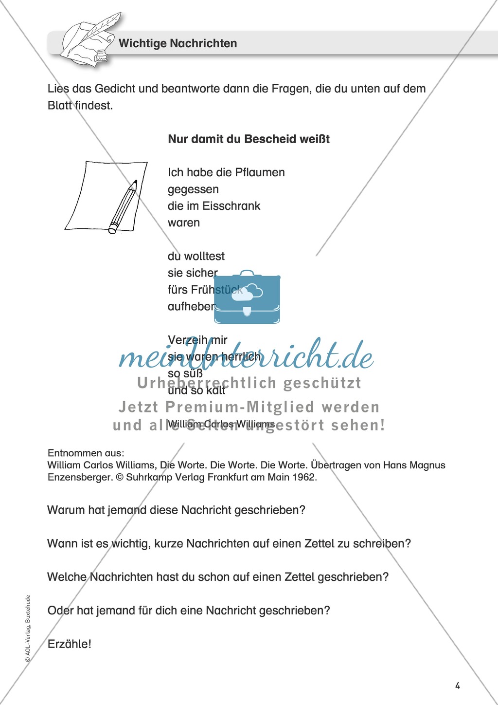 Eine Nachricht als Gedicht - William Carlos Williams