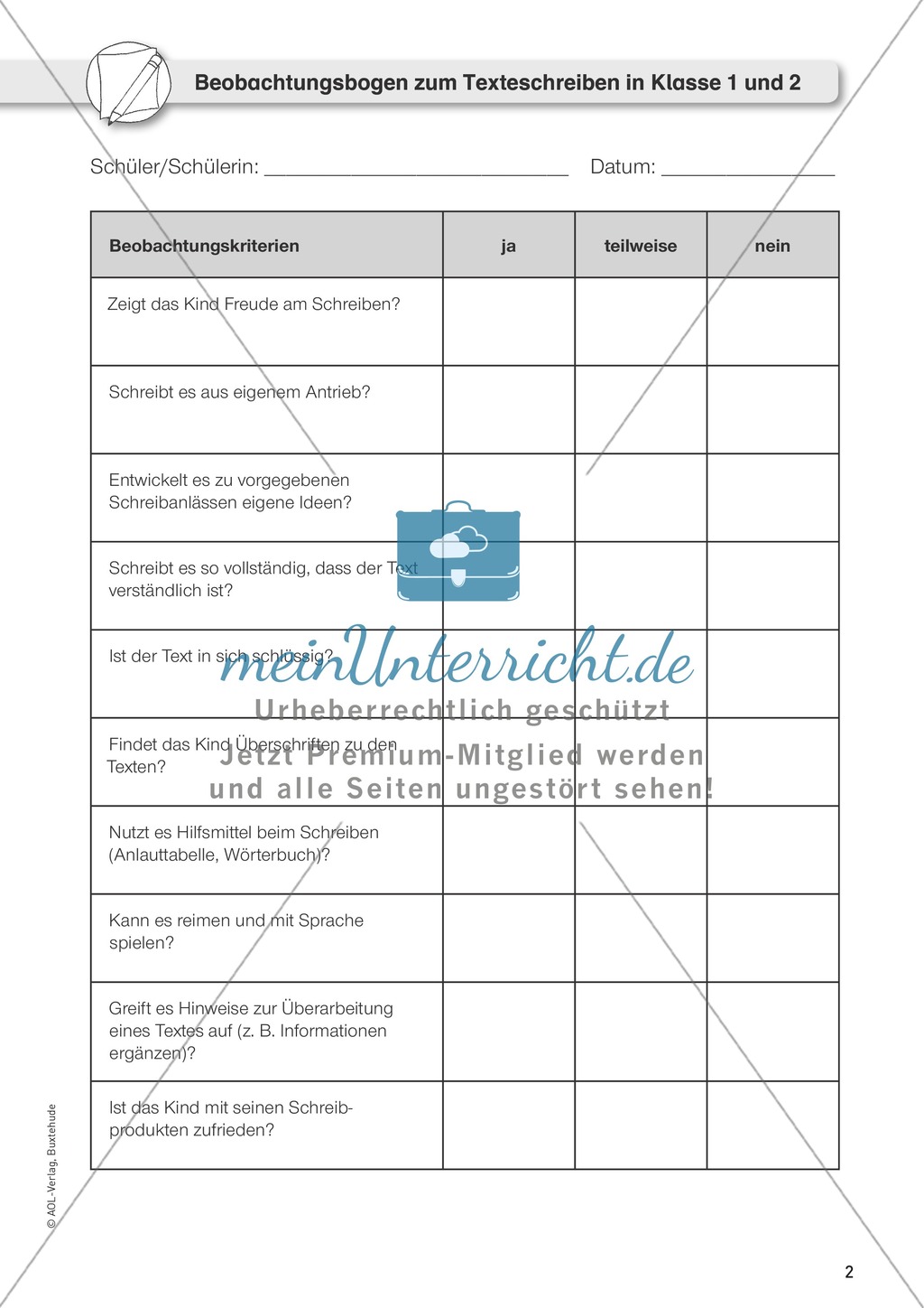 Beobachtungsbogen zum Texteschreiben Preview 1