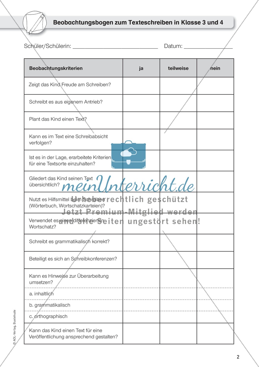 Beobachtungsbogen für Lehrer zum Texteschreiben in Klasse 3 und 4 Preview 1