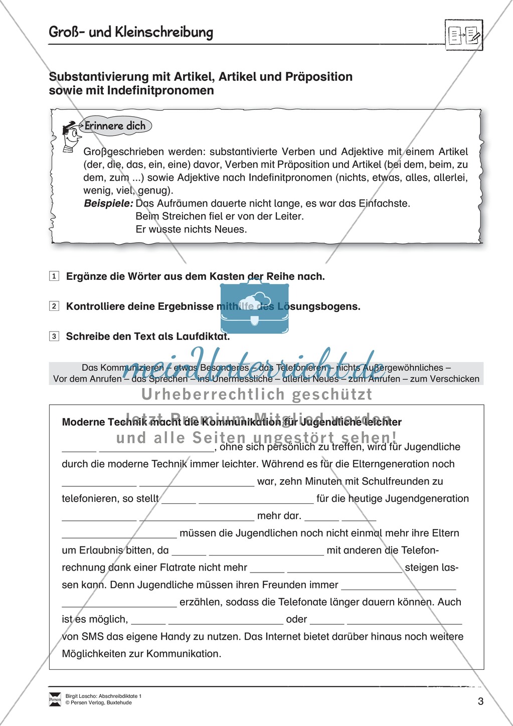 Abschreibdiktate: Substantivierung + Artikel + Präposition + Indefinitpronomen Preview 1