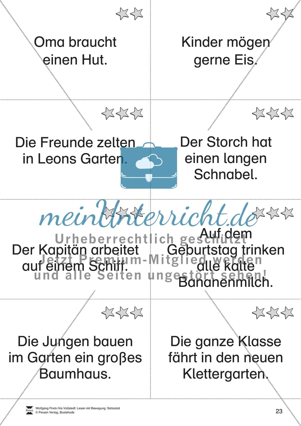 Satzkarten für das Lese-Bewegungsspiel