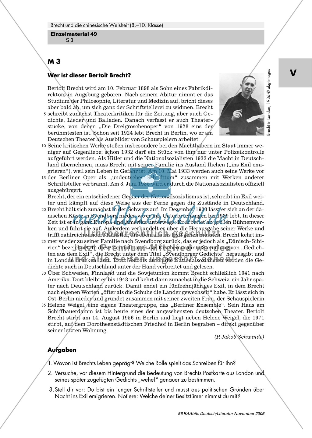 Brecht:Texte und Bilder aus dem Exil: Biografie Bertolt Brecht + Auflistung der Habseligkeiten + chinesisches Rollbild