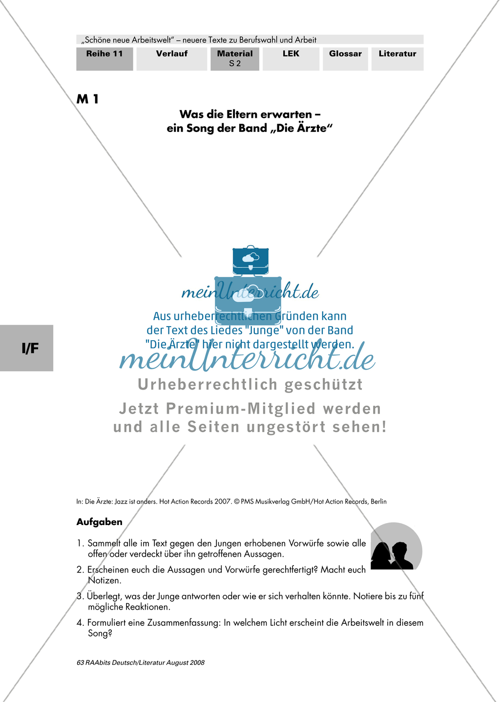 Berufswelt ? Was kommt da auf mich zu?: Songtext: Die Ärzte: "Junge" + Fragebogen + Lesetagebuch führen Preview 1
