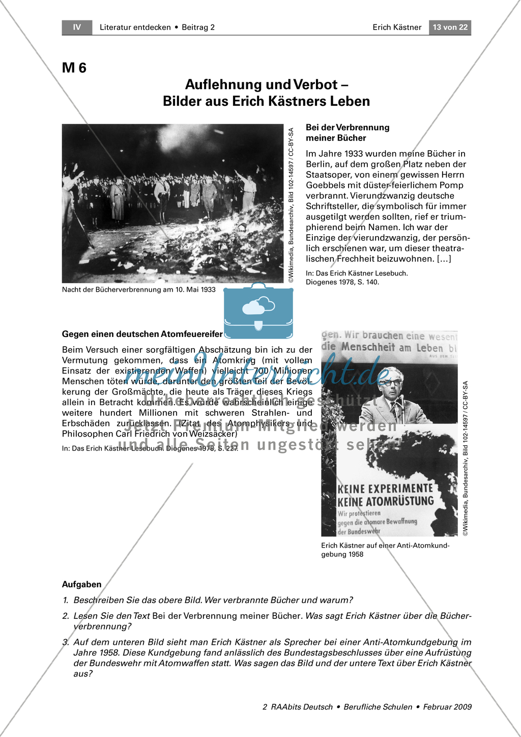 Bilder aus Erich Kästners Biografie: Bild von Bücherverbrennung + Anti-Atomkundgebung + Zeitstrahl Preview 2