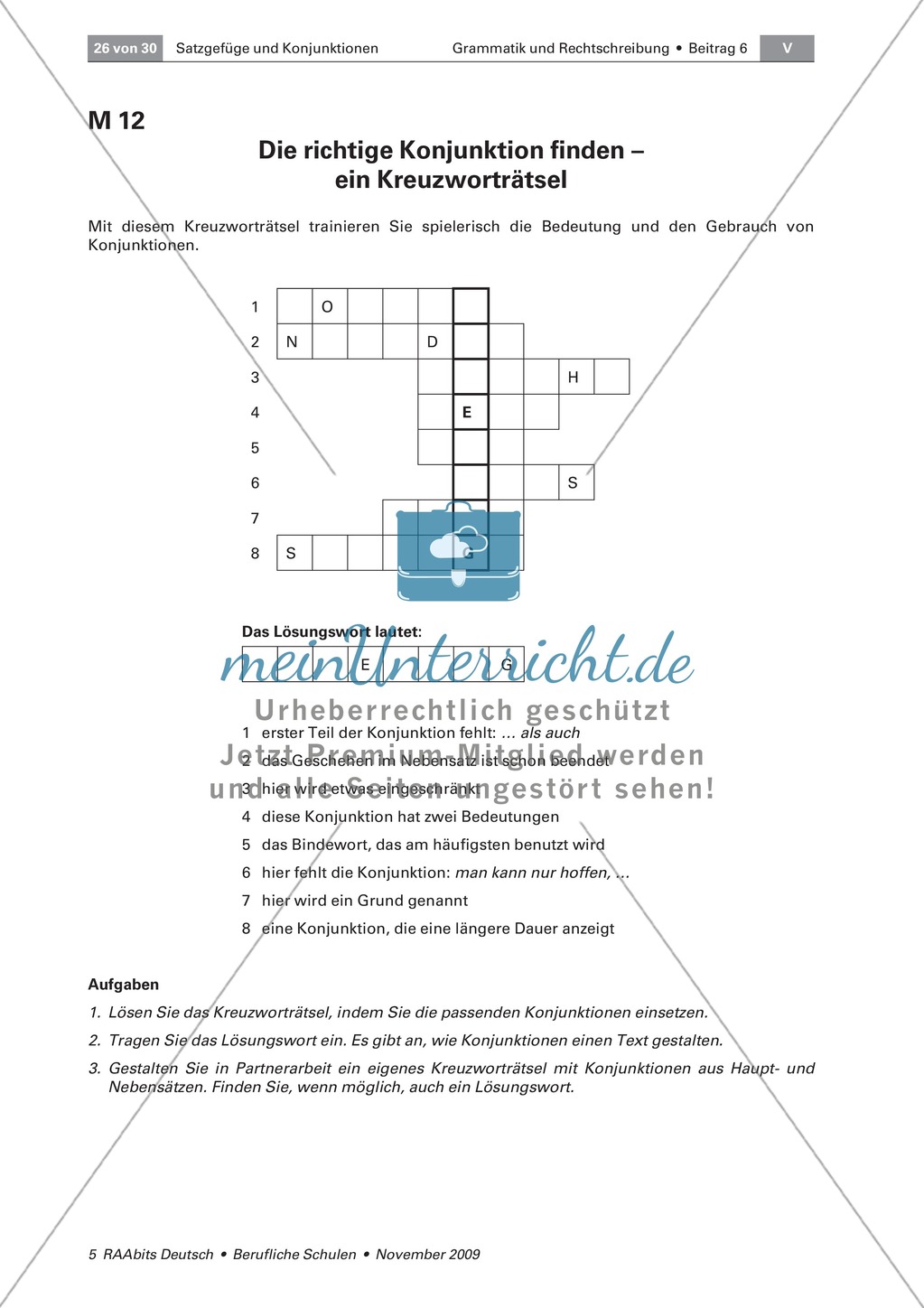 Satzgefüge und Konjunktionen: Lernerfolgskontrolle - Kreuzworträtsel, Klausurvorschlag Preview 1