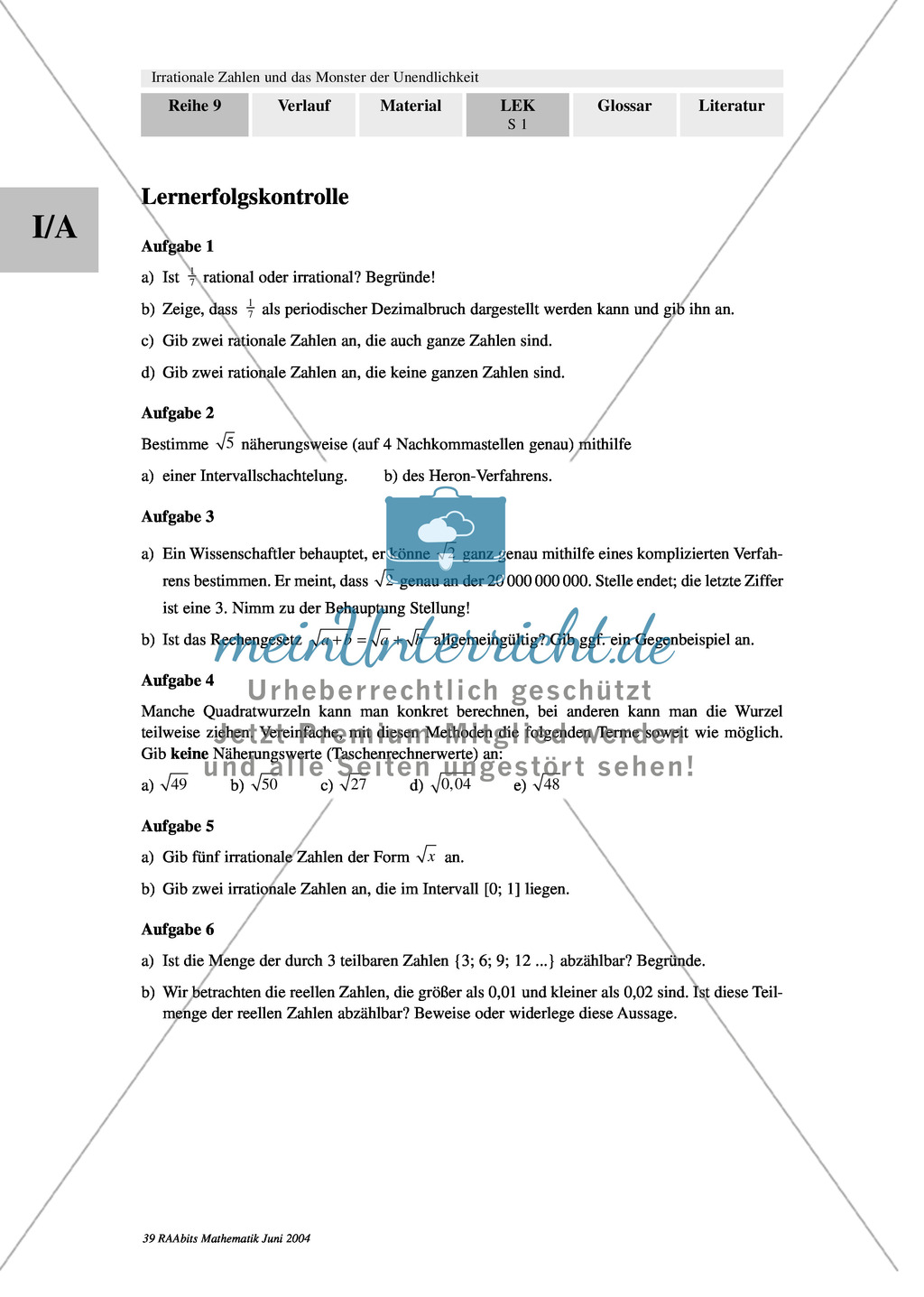 Unterrichtseinheit zum Einführen der irrationalen Zahlen und der Wurzeln. Mit Infomaterial, Aufgaben mit Lösungen und Erläuterungen und abschließendem Test/Lernerfolgskontrolle. Preview 21