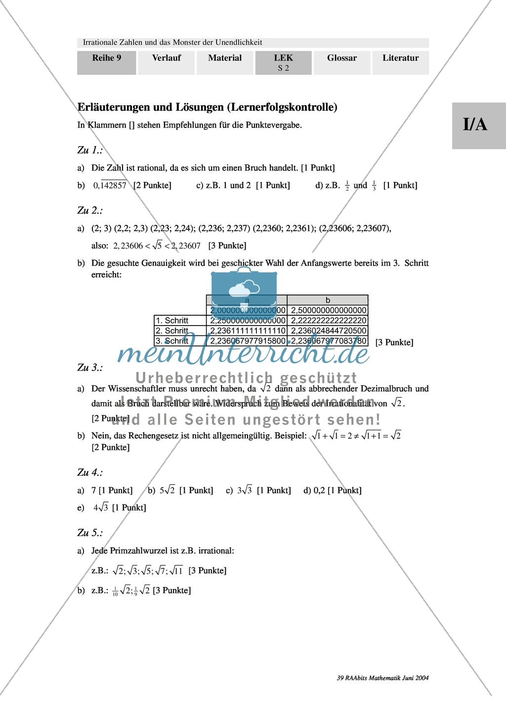 Unterrichtseinheit zum Einführen der irrationalen Zahlen und der Wurzeln. Mit Infomaterial, Aufgaben mit Lösungen und Erläuterungen und abschließendem Test/Lernerfolgskontrolle. Preview 22