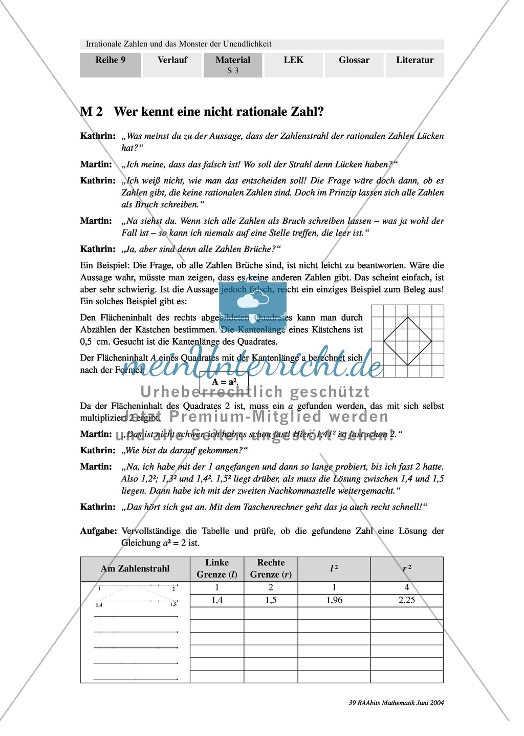 Unterrichtseinheit zum Einführen der irrationalen Zahlen und der Wurzeln. Mit Infomaterial, Aufgaben mit Lösungen und Erläuterungen und abschließendem Test/Lernerfolgskontrolle. Preview 2