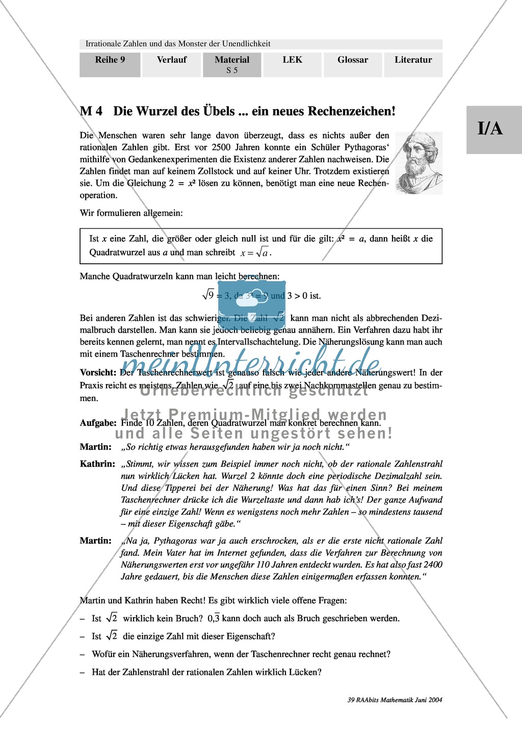 Unterrichtseinheit zum Einführen der irrationalen Zahlen und der Wurzeln. Mit Infomaterial, Aufgaben mit Lösungen und Erläuterungen und abschließendem Test/Lernerfolgskontrolle. Preview 4