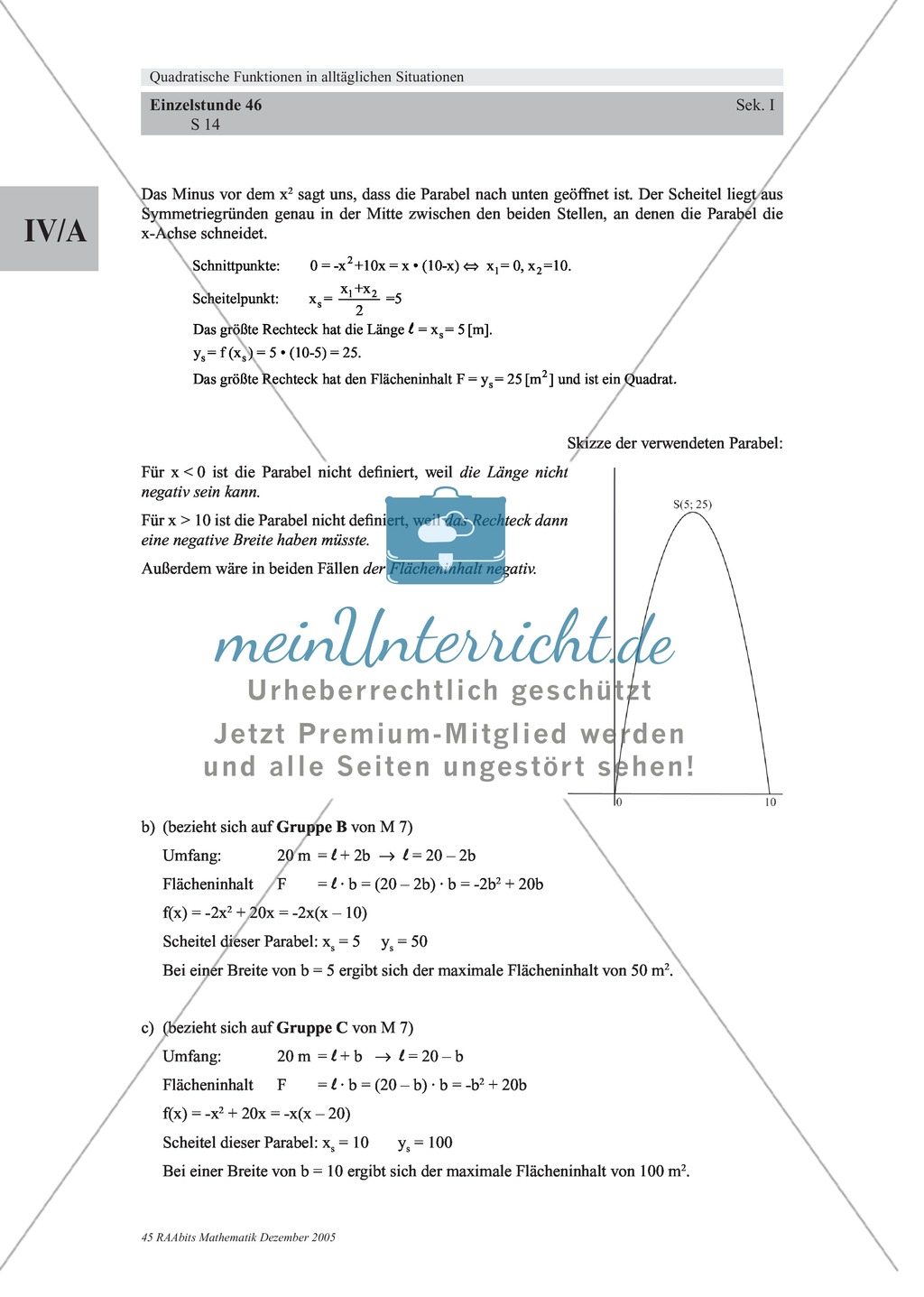 Analysis: Gruppenarbeit um Rechteck mit größter Fläche auf dem Schulhof zu finden (quadratische Funktion). Mit 3 Aufgaben und Lösungen und Erläuterungen. Preview 5
