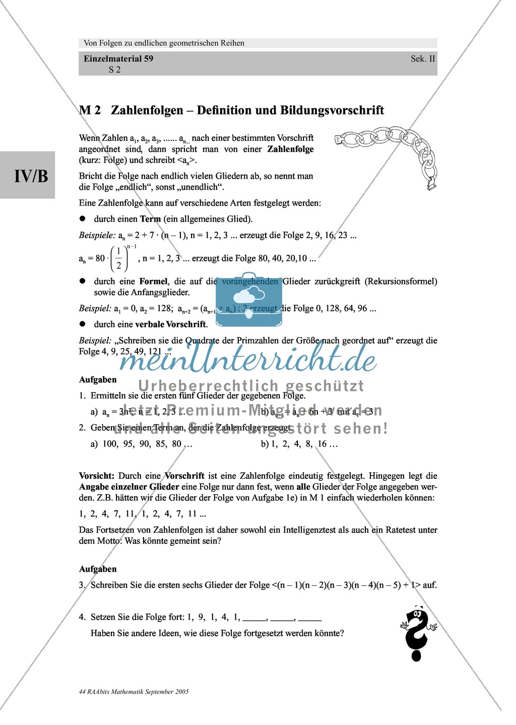 Analysis: Einführung und Bildungsvorschrift von Folgen mit anschließenden Aufgaben mit Lösungen zu geometrischen Folgen. Preview 1