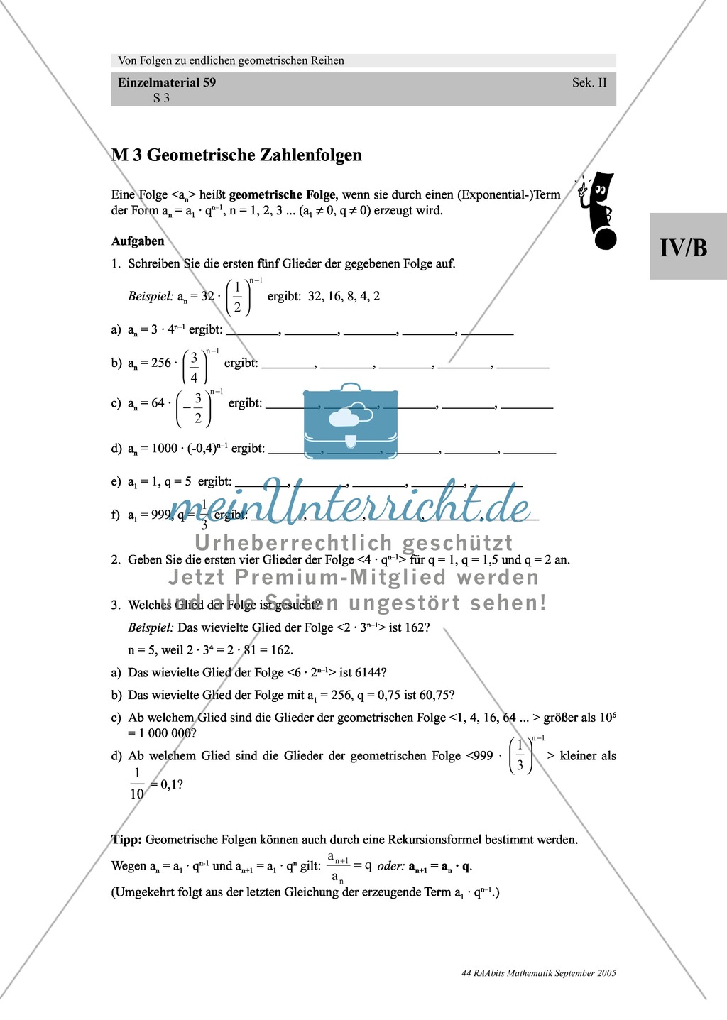 Analysis: Einführung und Bildungsvorschrift von Folgen mit anschließenden Aufgaben mit Lösungen zu geometrischen Folgen. Preview 2