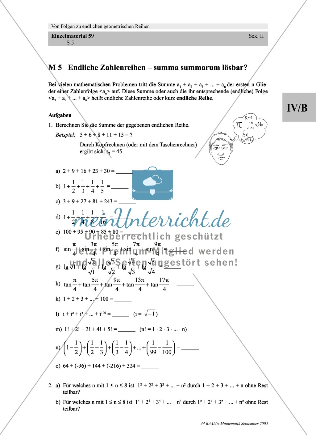 Analysis: Einführung von Zahlenreihen, Gaußsche Summenformel und Aufgaben mit Lösungen. Preview 1