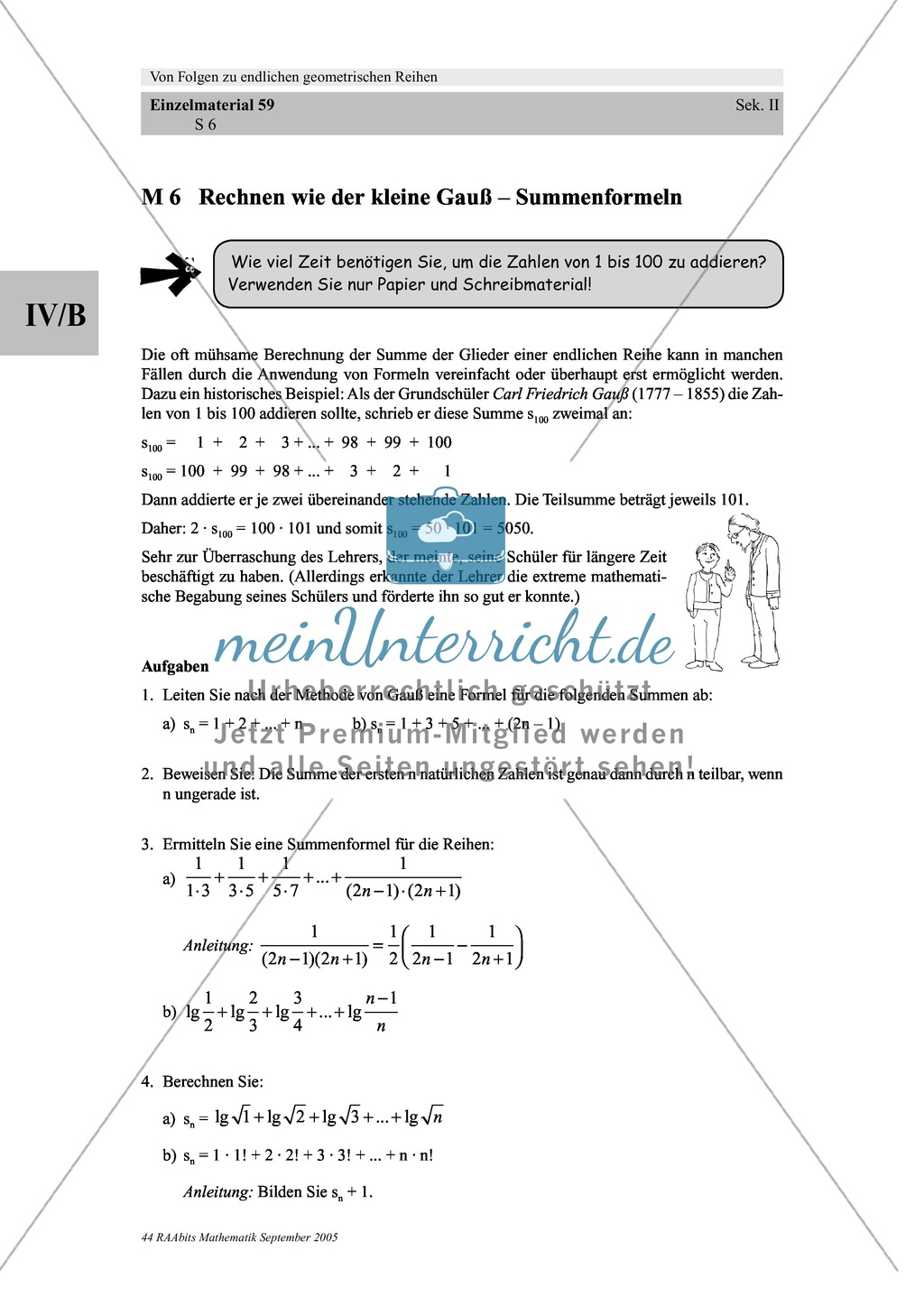 Analysis: Einführung von Zahlenreihen, Gaußsche Summenformel und Aufgaben mit Lösungen. Preview 2